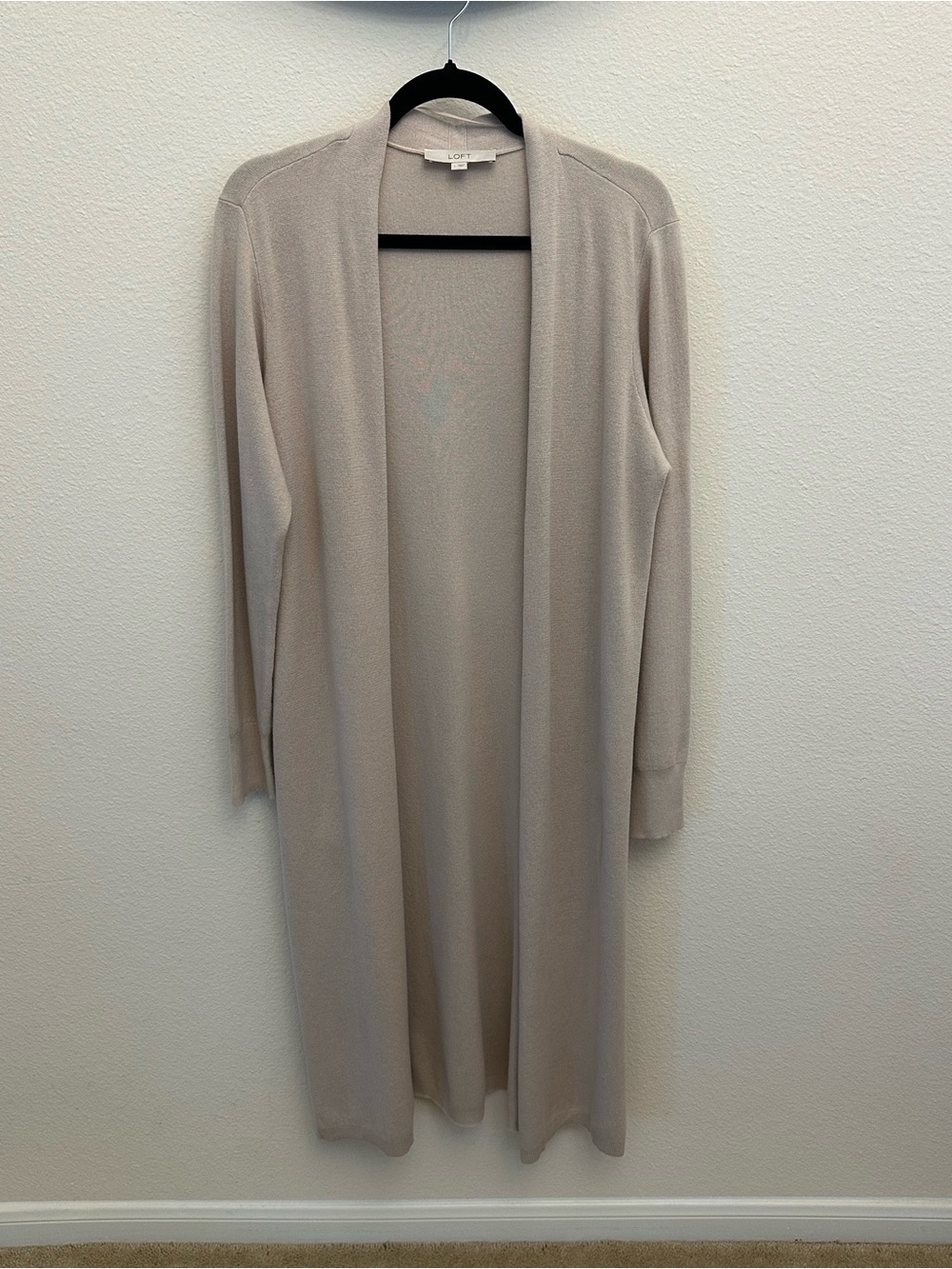 LOFT Long Open-Front Duster Sweater Taupe L Large 100% cotton